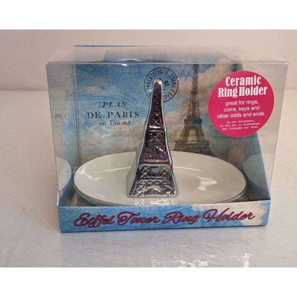 Eiffel‎ Tower Ring Holder Ceramic Silver Trinket Dish Rings Earrings Coins New